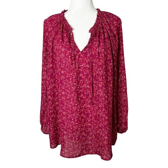Old Navy Womens Georgette Blouse 2X Plus Red Floral Ruffled Tie Neck Long Sleeve - Picture 1 of 11